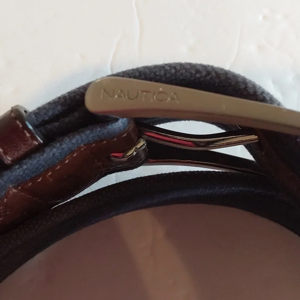 Nautica Mens Brown leather / dark Navy Dress Belt Dual color silver tone Sz.38